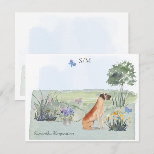Great Dane Dog Butterfly Monogram en naam   Notitiekaartje (Voorkant / Achterkant)
