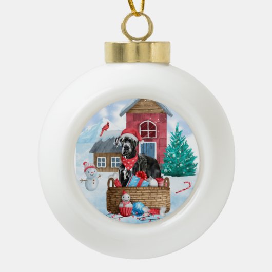 Great Dane Dog in het sneeuwbalhuis Keramische Bal Ornament (Voorkant)