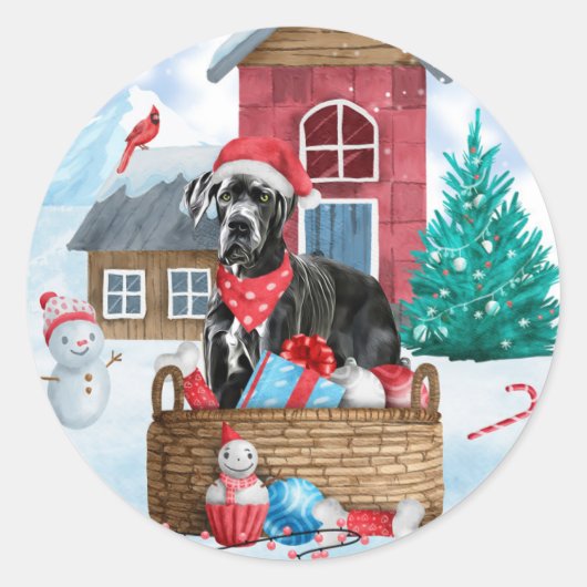 Great Dane Dog in het sneeuwbalhuis Ronde Sticker (Voorkant)