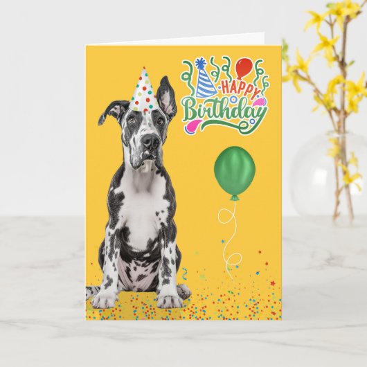 Great Dane Dog Party Hat Yellow Birthday Kaart (Gele Bloem)