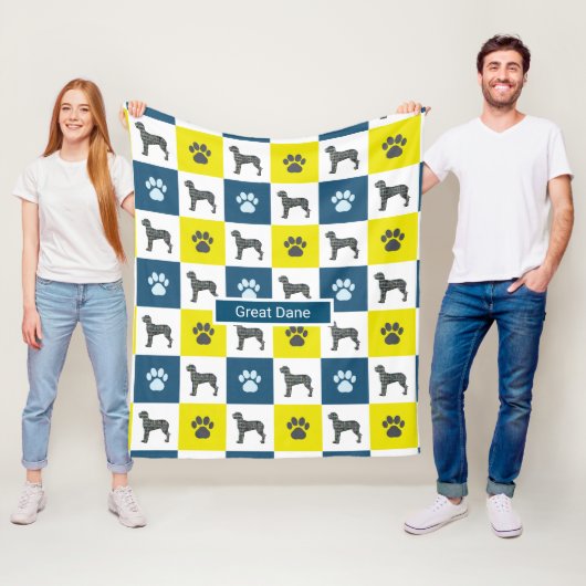 Great Dane Dog & Paw Print Yellow Grid Silhouette Fleece Deken (In situ)