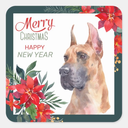 Great Dane Dog Poinsettia Border Kerstmis Vierkante Sticker (Voorkant)