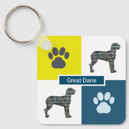 Great Dane Dog Silhouette & Paw Print Y&B Grid Sleutelhanger