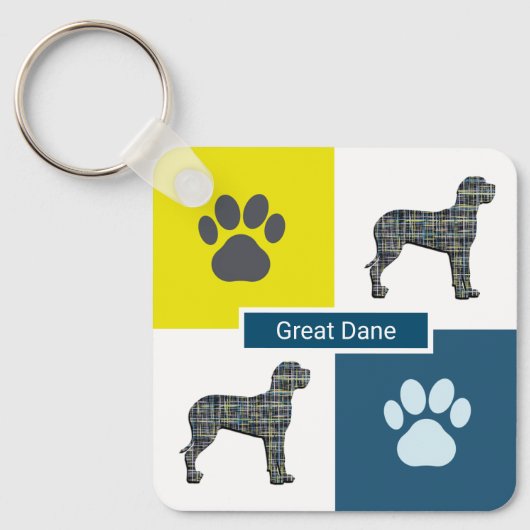 Great Dane Dog Silhouette & Paw Print Y&B Grid Sleutelhanger (Voorkant)