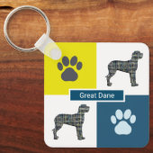 Great Dane Dog Silhouette & Paw Print Y&B Grid Sleutelhanger (Voorkant)