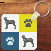 Great Dane Dog Silhouette & Paw Print Y&B Grid Sleutelhanger (Achterkant)