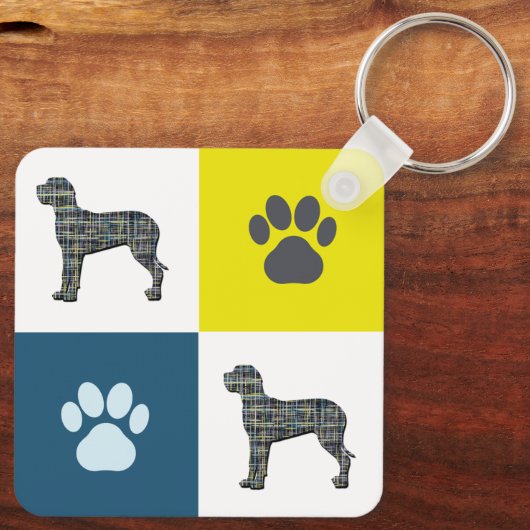 Great Dane Dog Silhouette & Paw Print Y&B Grid Sleutelhanger (Achterkant)