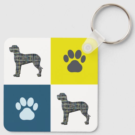 Great Dane Dog Silhouette & Paw Print Y&B Grid Sleutelhanger (Achterkant)