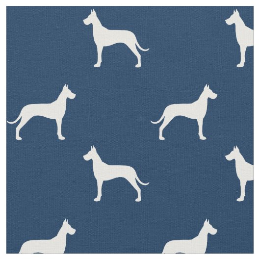 Great Dane Dog Silhouettes Pattern Blue en White Stof (Close Up)