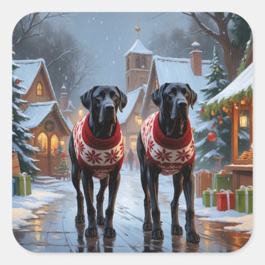 Great Dane Dogs Christmas Snow Holiday Vierkante Sticker (Voorkant)