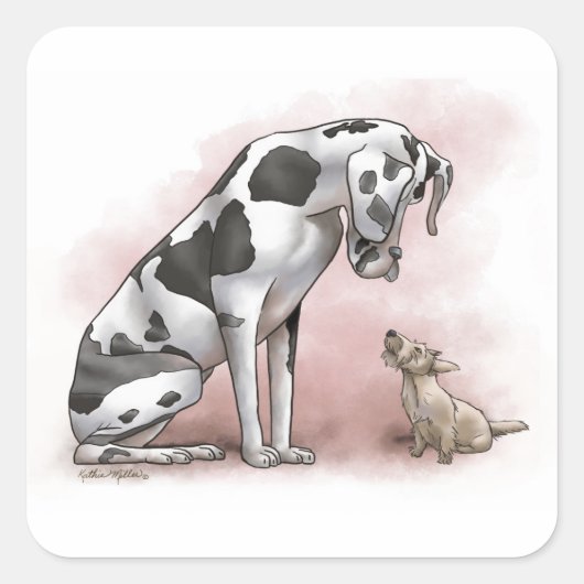 Great Dane en Schotse Terrier Cartoon Vierkante Sticker (Voorkant)
