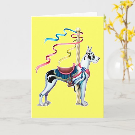 Great Dane Harlequin Carousel - Gepersonaliseerd Kaart (Gele Bloem)