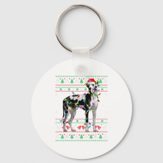 Great Dane Harlequin Dog Christmas Ugly Sweater Li Sleutelhanger (Voorkant)