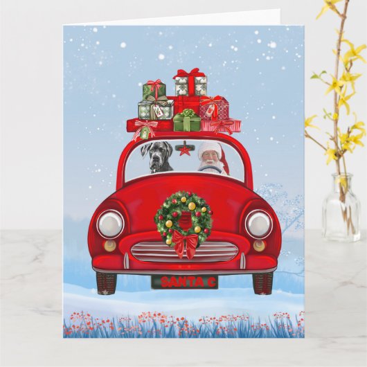Great Dane-hond in auto met kerstman  Kaart (Gele Bloem)