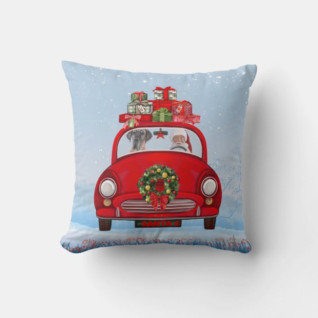 Great Dane-hond in auto met kerstman Kussen (Voorkant)