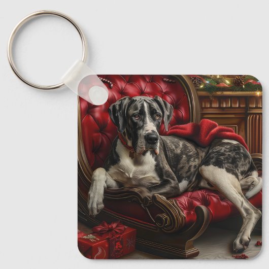 Great Dane Hond Kerst Feestelijk Sleutelhanger (Voorkant)