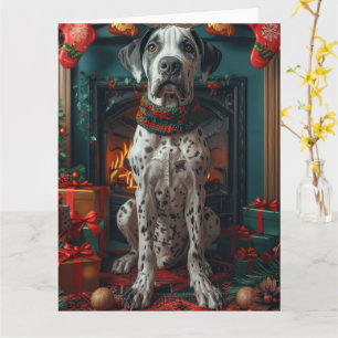 Great Dane-hond met kerstcadeaus bij de open haard Kaart