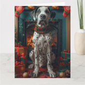 Great Dane-hond met kerstcadeaus bij de open haard Kaart (Voorkant)