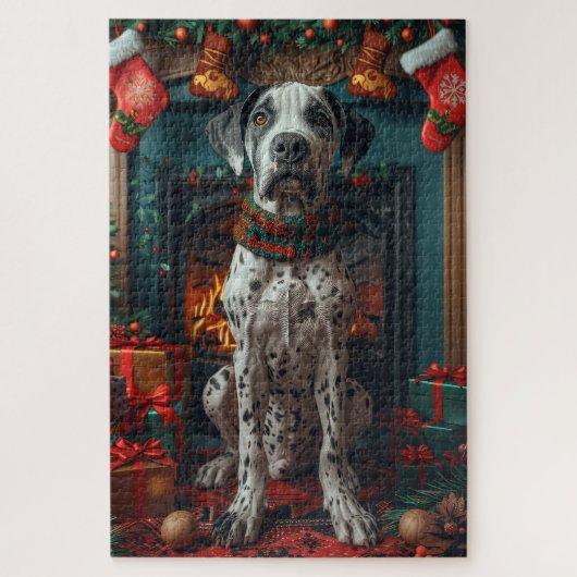 Great Dane-hond met kerstcadeaus bij de open haard Legpuzzel (Verticaal)
