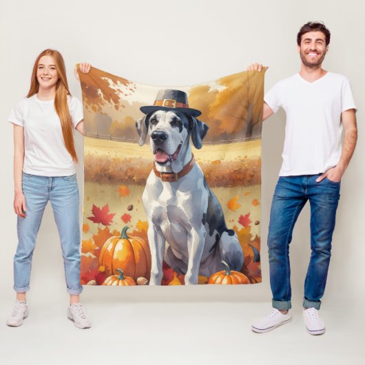Great Dane in herfstbladeren Thanksgiving Kunst Fleece Deken (In situ)
