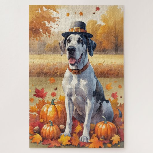 Great Dane in Herfstbladeren Thanksgiving Kunst Legpuzzel (Verticaal)