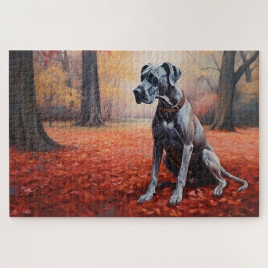 Great Dane in herfstbladeren val inspireren Legpuzzel (Horizontaal)