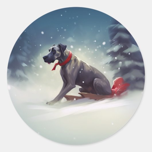 Great Dane Kerst sneeuw winter Ronde Sticker (Voorkant)