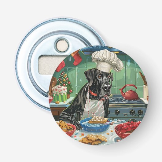 Great Dane Kerstbak: Festieve Kerstmis Button Flesopener (Voorkant)