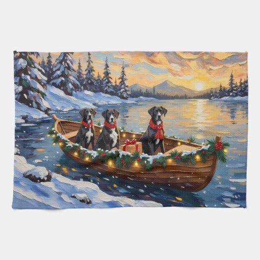 Great Dane Kerstboot Vakantie Theedoek (Horizontaal)