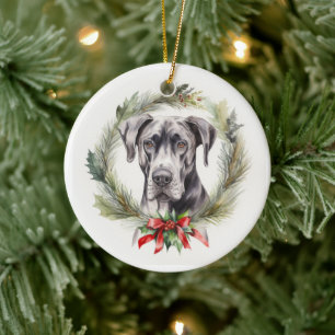 Great Dane Kerstkrans Feestelijke Pup Keramisch Ornament