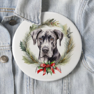 Great Dane Kerstkrans Feestelijke Pup Ronde Button 6,0 Cm