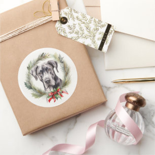 Great Dane Kerstkrans Feestelijke Pup Ronde Sticker