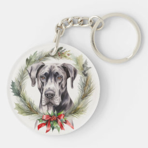 Great Dane Kerstkrans Feestelijke Pup Sleutelhanger