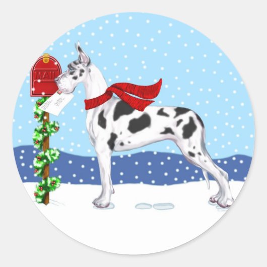 Great Dane KerstMail Harlequin Ronde Sticker (Voorkant)