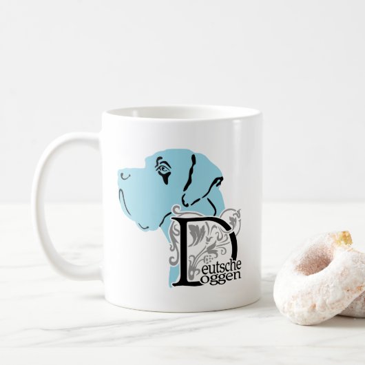 Great Dane kopportret en Duitse rasnaam Koffiemok (Met donut)