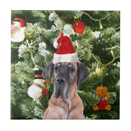 Great Dane met Kerstboom Geschenkdozen Kerstman Ho Tegeltje (Voorkant)