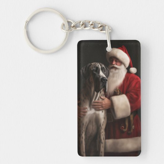 Great Dane met Kerstman Festive Kerstmis Sleutelhanger (Voorkant)