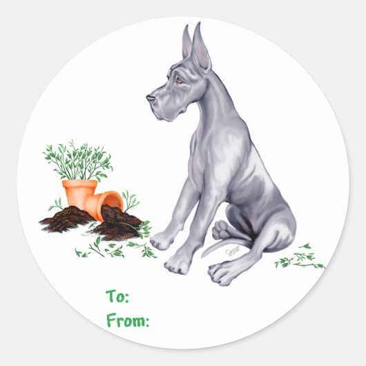 Great Dane Naughty Pup Blue Ronde Sticker (Voorkant)