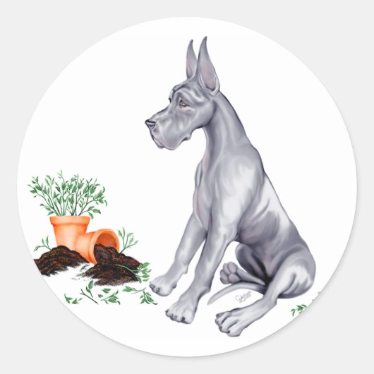 Great Dane Naughty Pup Blue Ronde Sticker (Voorkant)