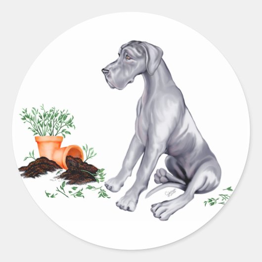 Great Dane Naughty Pup Blue UC Ronde Sticker (Voorkant)