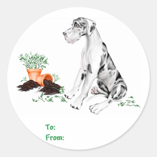 Great Dane Naughty Pup Harlequin UC Ronde Sticker (Voorkant)