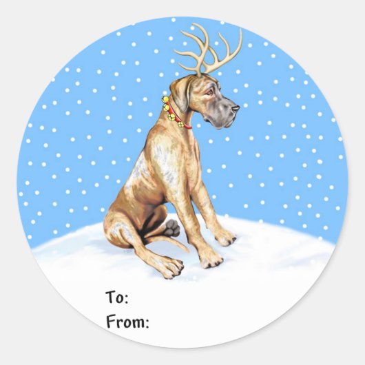 Great Dane Reindeer Kerstmis Brindle UC Gift-Label Ronde Sticker (Voorkant)