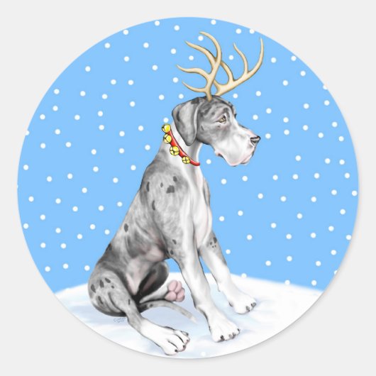 Great Dane Reindeer Kerstmis Merle UC Ronde Sticker (Voorkant)