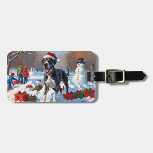 Great Dane Rent in de Sneeuw met Kerstmuts Bagagelabel (Voorkant horizontaal)