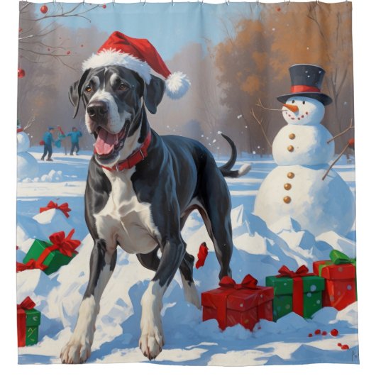 Great Dane Rent in de Sneeuw met Kerstmuts Douchegordijn (Voorkant)