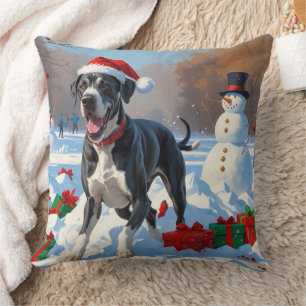 Great Dane Rent in de Sneeuw met Kerstmuts Kussen