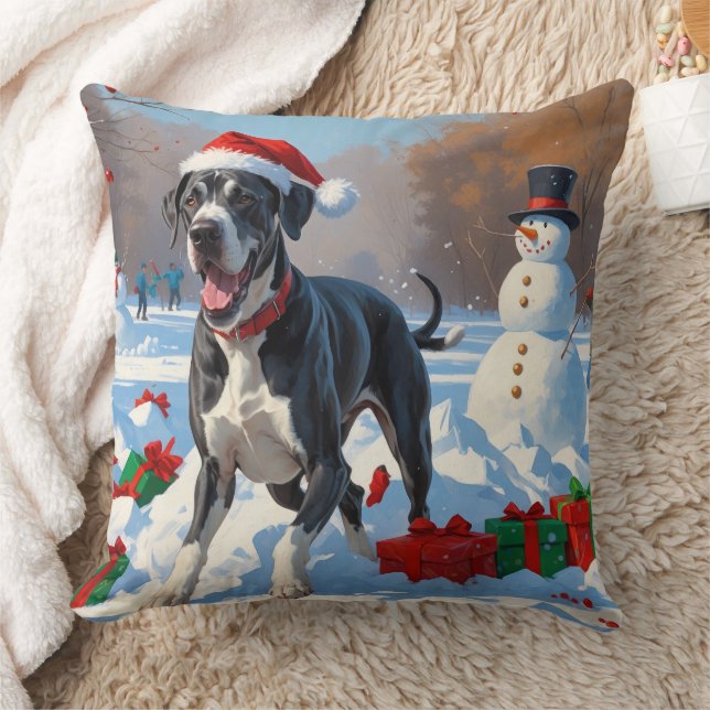 Great Dane Rent in de Sneeuw met Kerstmuts Kussen (Deken)