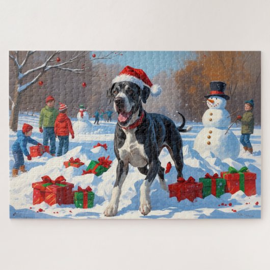 Great Dane Rent in de Sneeuw met Kerstmuts Legpuzzel (Horizontaal)