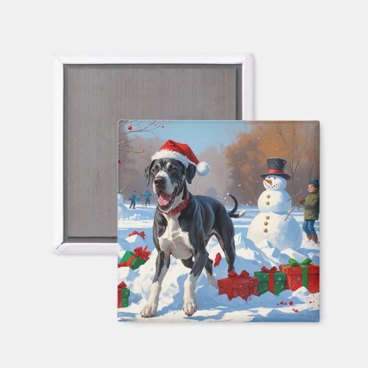 Great Dane Rent in de Sneeuw met Kerstmuts Magneet (Voorkant / Achterkant)
