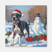 Great Dane Rent in de Sneeuw met Kerstmuts Magneet (Voorkant)